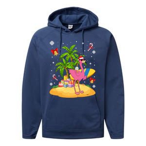 Tropical Pink Flamingo Christmas In Summer Palm Tree Graphic Gift Performance Fleece Hoodie