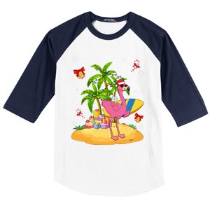 Tropical Pink Flamingo Christmas In Summer Palm Tree Graphic Gift Baseball Sleeve Shirt