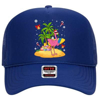 Tropical Pink Flamingo Christmas In Summer Palm Tree Graphic Gift High Crown Mesh Back Trucker Hat