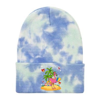 Tropical Pink Flamingo Christmas In Summer Palm Tree Graphic Gift Tie Dye 12in Knit Beanie