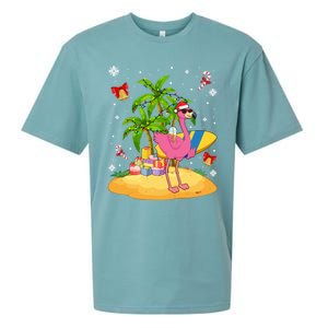 Tropical Pink Flamingo Christmas In Summer Palm Tree Graphic Gift Sueded Cloud Jersey T-Shirt