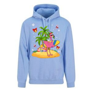 Tropical Pink Flamingo Christmas In Summer Palm Tree Graphic Gift Unisex Surf Hoodie