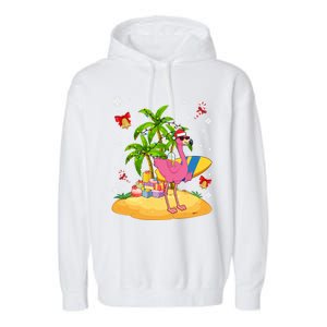 Tropical Pink Flamingo Christmas In Summer Palm Tree Graphic Gift Garment-Dyed Fleece Hoodie