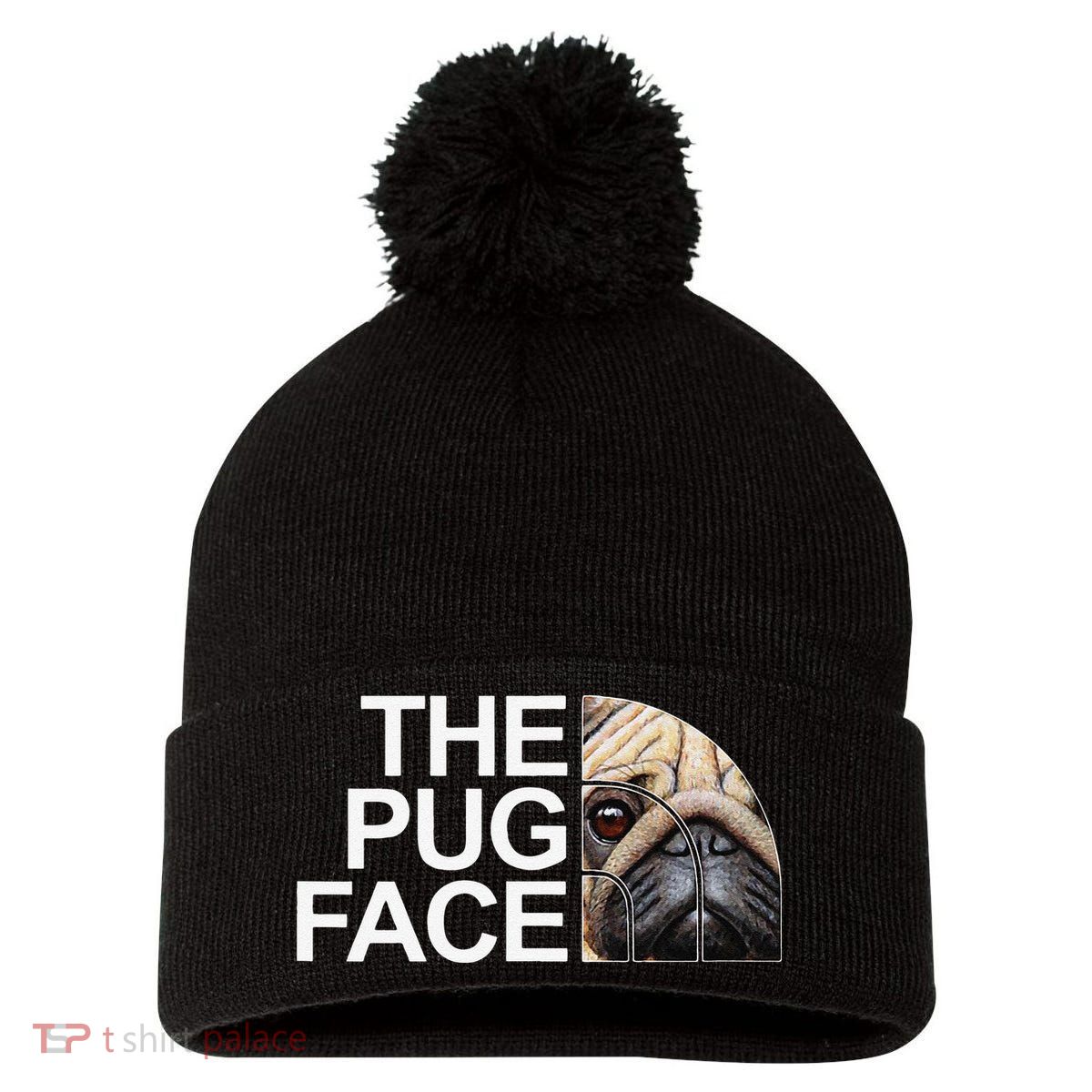 The Pug Face Dog Funny Pug Pom Pom 12in Knit Beanie