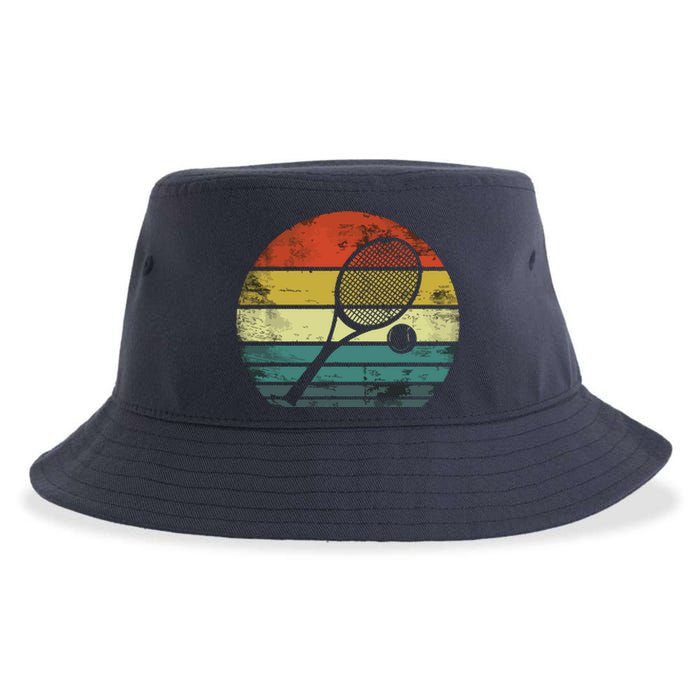 Tennis Player Gifts Retro Sunset Tennis Racquet & Ball Coach Sustainable Bucket Hat