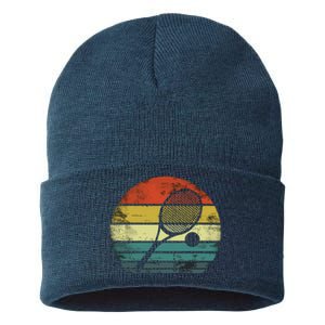 Tennis Player Gifts Retro Sunset Tennis Racquet & Ball Coach Sustainable Knit Beanie