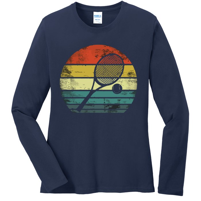 Tennis Player Gifts Retro Sunset Tennis Racquet & Ball Coach Ladies Long Sleeve Shirt