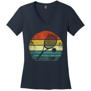 Tennis Player Gifts Retro Sunset Tennis Racquet & Ball Coach Women's V-Neck T-Shirt