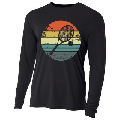 Tennis Player Gifts Retro Sunset Tennis Racquet Ball Coach Cooling Performance Long Sleeve Crew