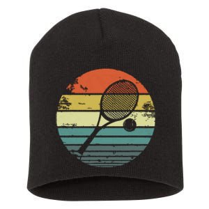 Tennis Player Gifts Retro Sunset Tennis Racquet Ball Coach Short Acrylic Beanie