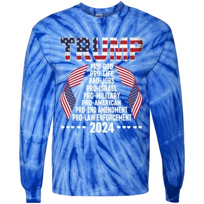 Trump Pro God Pro Life Pro Jobs Pro Israel Pro Military 2024 Cute Gift Tie-Dye Long Sleeve Shirt