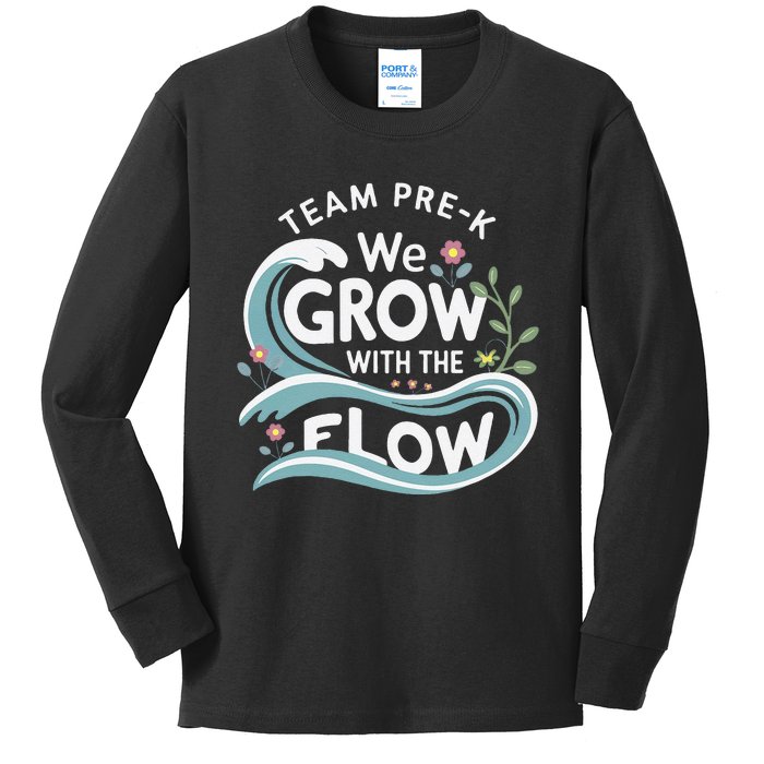 Team Prek Grow With The Flow With Playful Waves And Plants Kids Long Sleeve Shirt