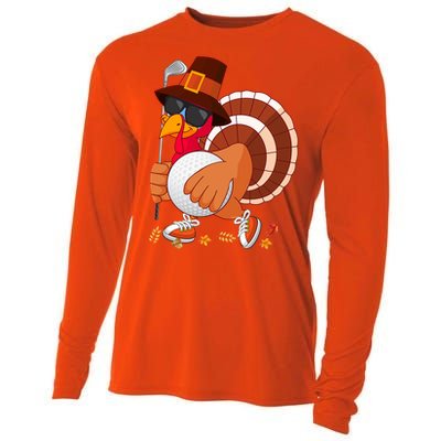 Turkey Playing Golf Thanksgiving Turkey Golf Funny Gift Cooling Performance Long Sleeve Crew