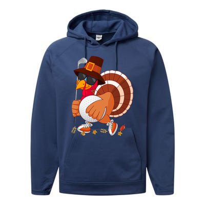 Turkey Playing Golf Thanksgiving Turkey Golf Funny Gift Performance Fleece Hoodie