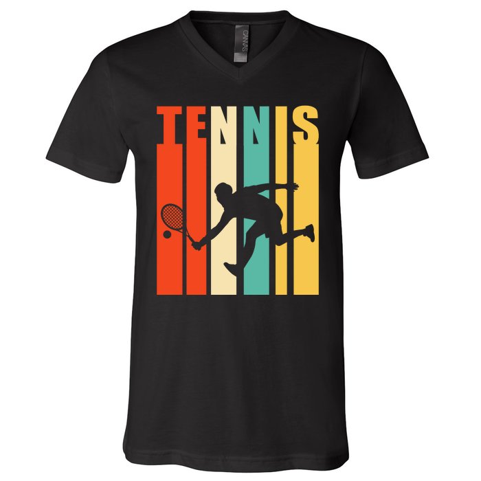 Tennis Player Gifts Retro Sunset Tennis Racquet & Ball Coach V-Neck T-Shirt