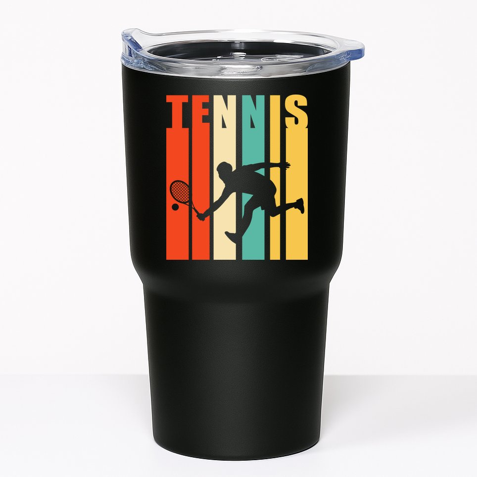 Tennis Player Gifts Retro Sunset Tennis Racquet & Ball Coach Tumbler