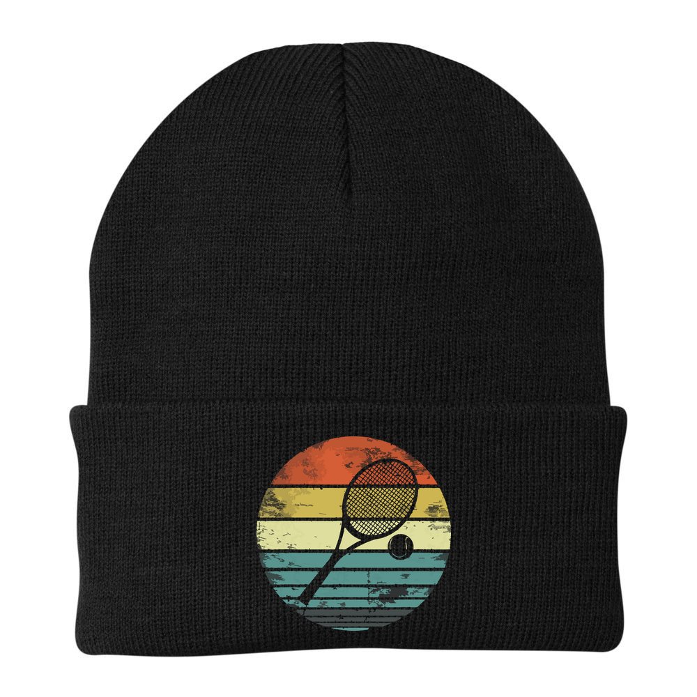 Tennis Player Gifts Retro Sunset Tennis Racquet Ball Coach Beanie