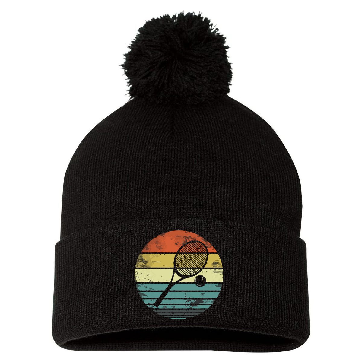 Tennis Player Gifts Retro Sunset Tennis Racquet Ball Coach Pom Pom 12in Knit Beanie