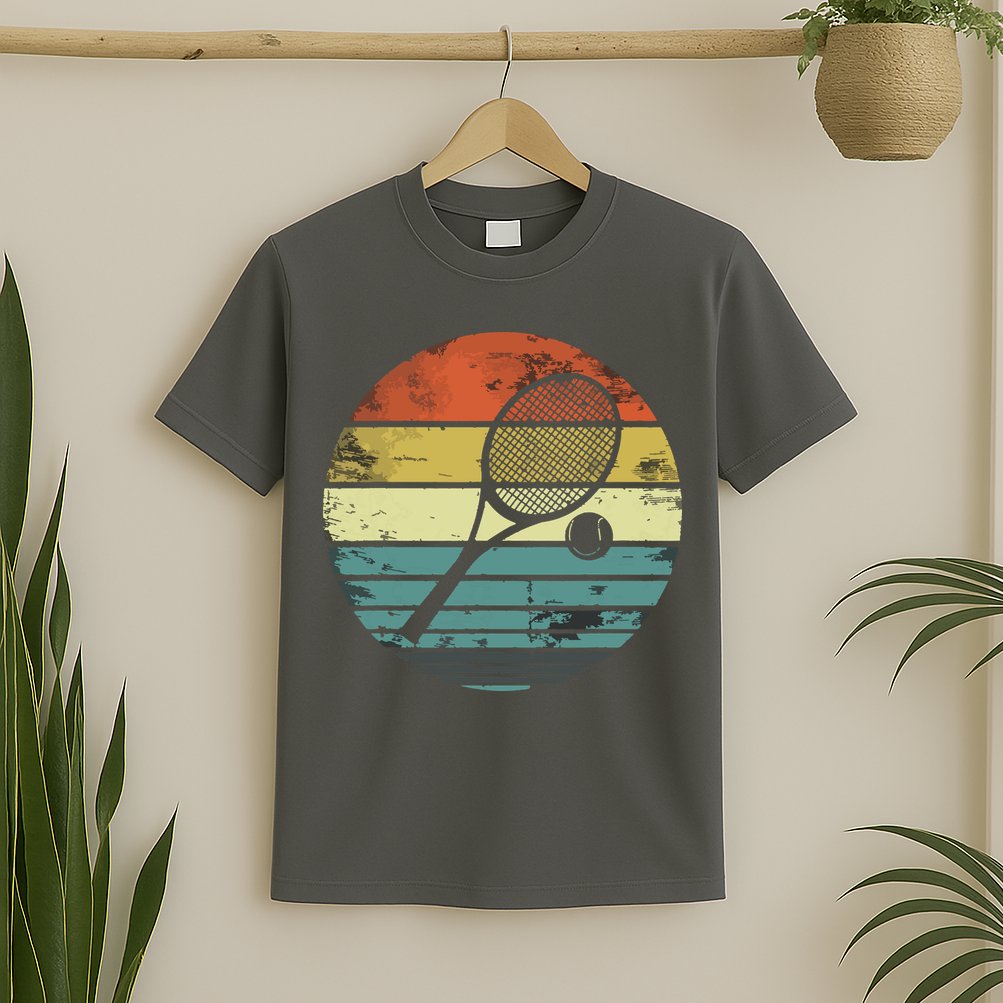 Tennis Player Gifts Retro Sunset Tennis Racquet Ball Coach T-Shirt