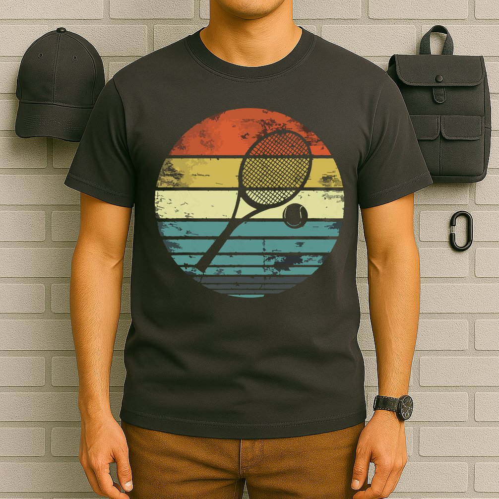 Tennis Player Gifts Retro Sunset Tennis Racquet Ball Coach T-Shirt