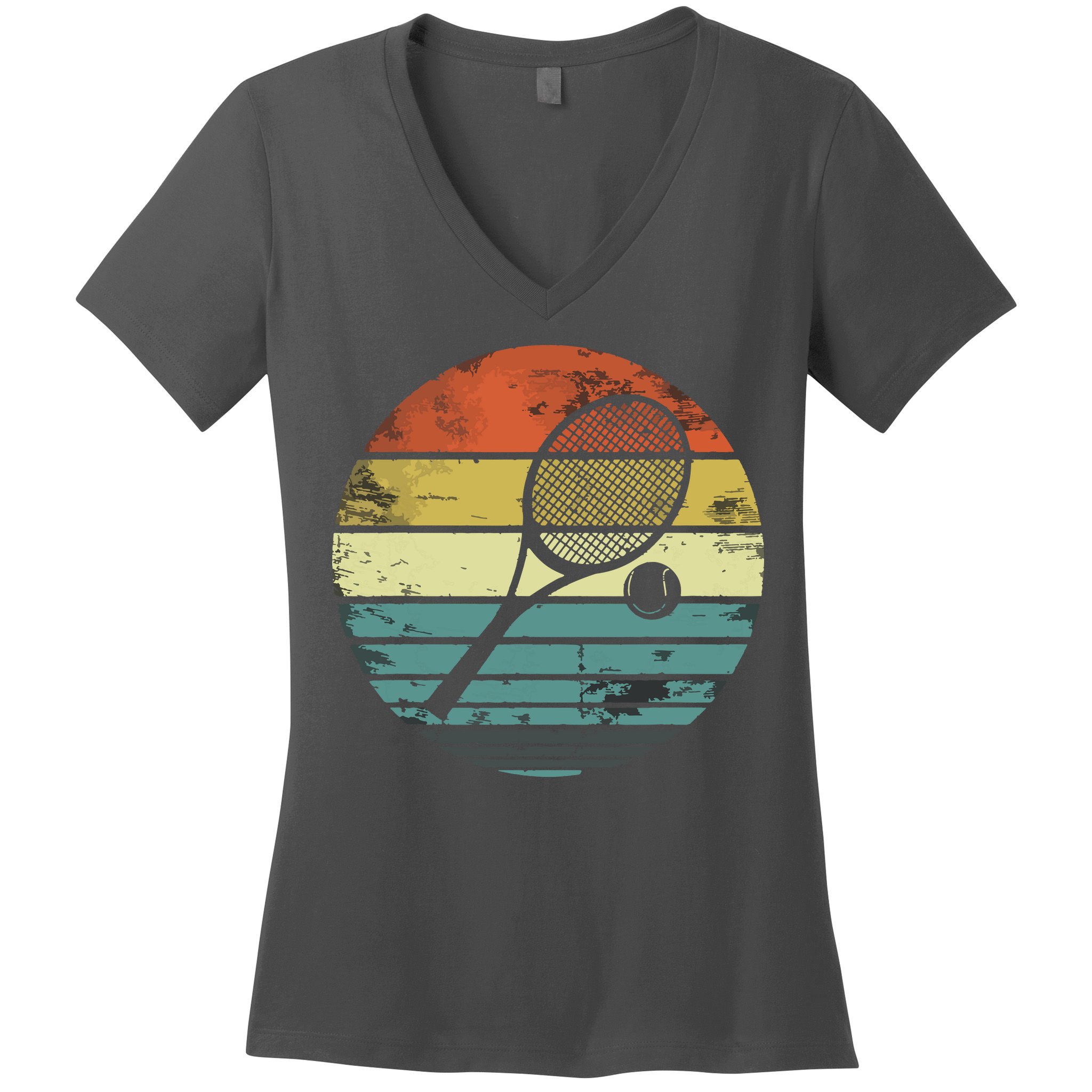 Tennis Player Gifts Retro Sunset Tennis Racquet Ball Coach Women's V-Neck T-Shirt