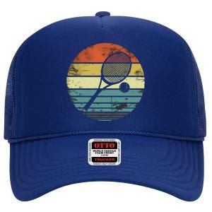 Tennis Player Gifts Retro Sunset Tennis Racquet Ball Coach High Crown Mesh Back Trucker Hat