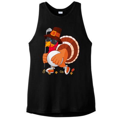 Turkey Playing Golf Thanksgiving Turkey Golf Ladies PosiCharge Tri-Blend Wicking Tank