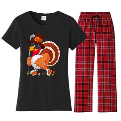 Turkey Playing Golf Thanksgiving Turkey Golf Women's Flannel Pajama Set