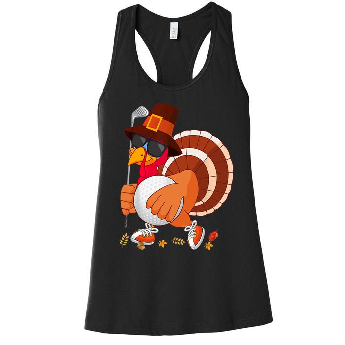 Turkey Playing Golf Thanksgiving Turkey Golf Women's Racerback Tank