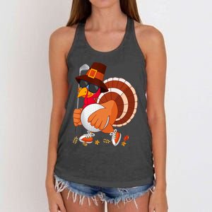 Turkey Playing Golf Thanksgiving Turkey Golf Women's Knotted Racerback Tank