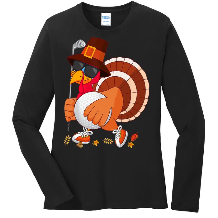 Turkey Playing Golf Thanksgiving Turkey Golf Ladies Long Sleeve Shirt