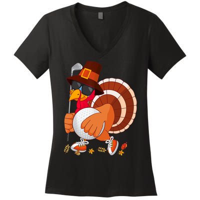 Turkey Playing Golf Thanksgiving Turkey Golf Women's V-Neck T-Shirt