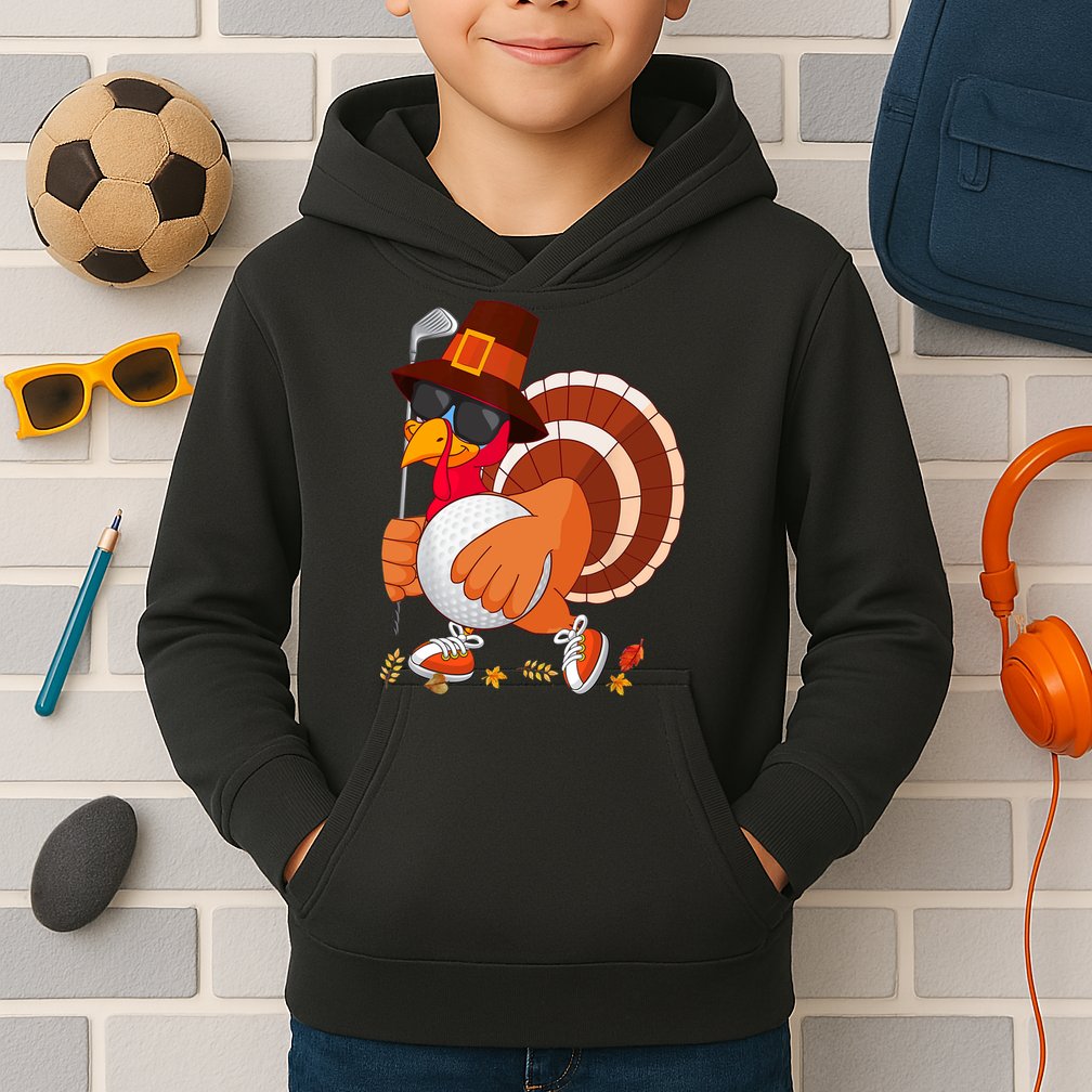 Turkey Playing Golf Thanksgiving Turkey Golf Kids Hoodie