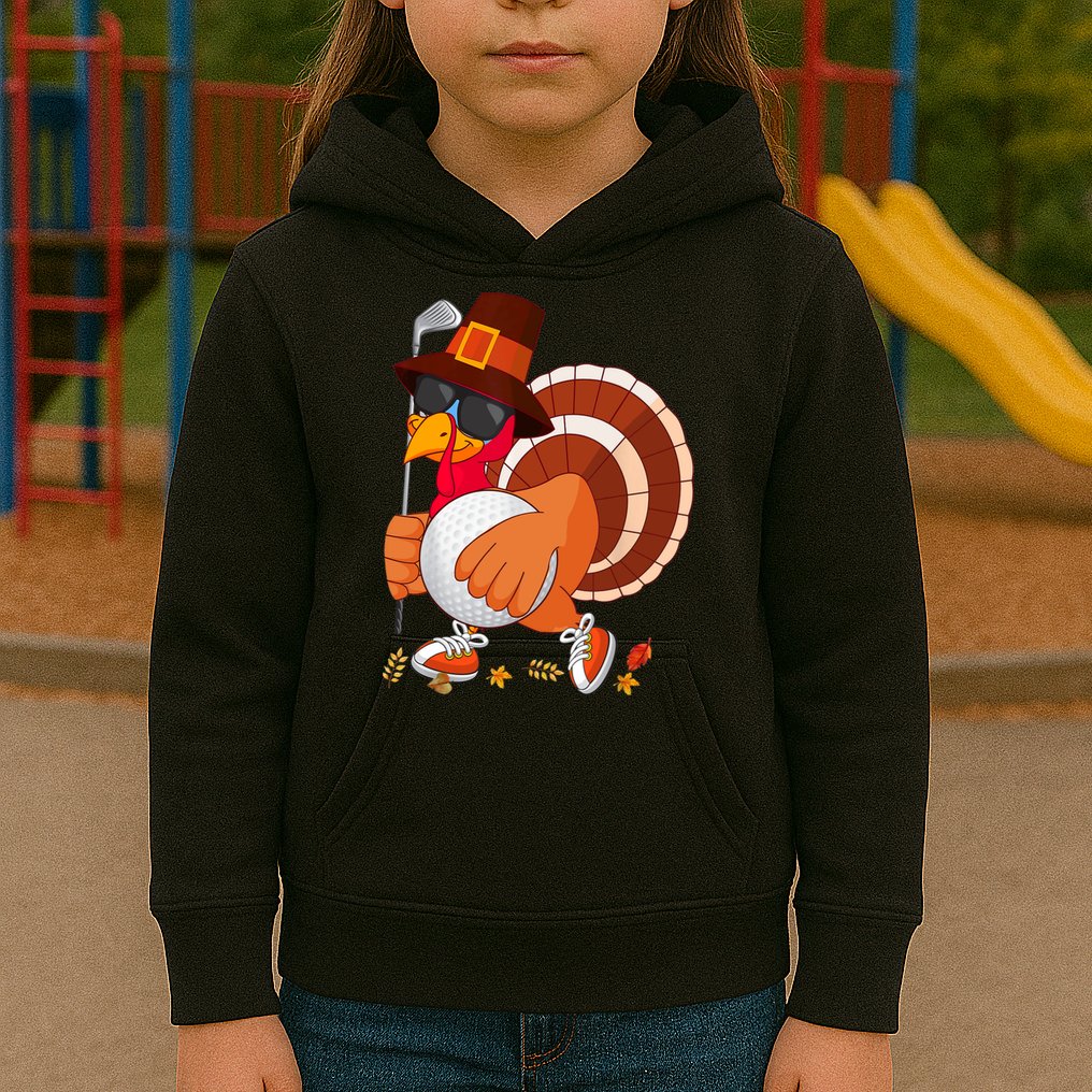 Turkey Playing Golf Thanksgiving Turkey Golf Kids Hoodie