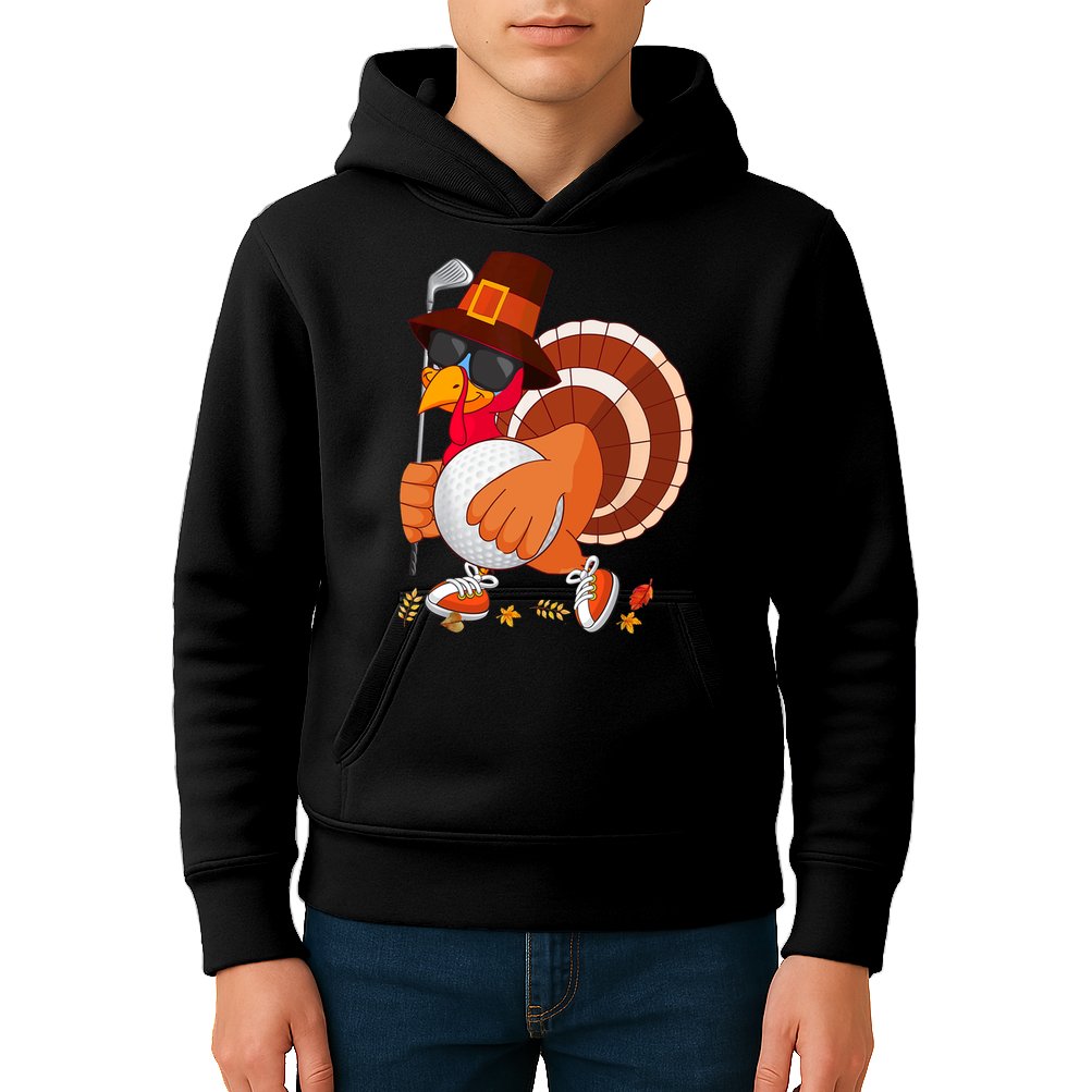 Turkey Playing Golf Thanksgiving Turkey Golf Kids Hoodie