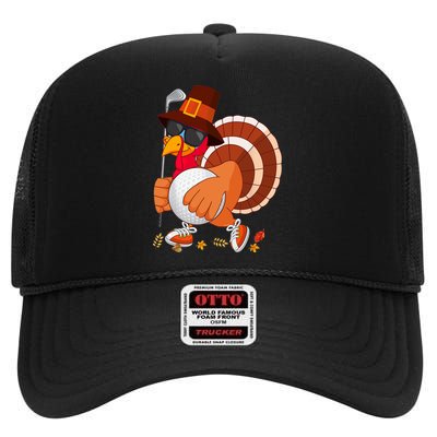 Turkey Playing Golf Thanksgiving Turkey Golf High Crown Mesh Back Trucker Hat