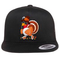 Turkey Playing Golf Thanksgiving Turkey Golf Flat Bill Trucker Hat