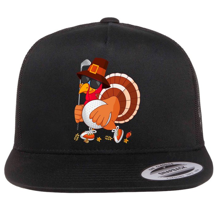 Turkey Playing Golf Thanksgiving Turkey Golf Flat Bill Trucker Hat