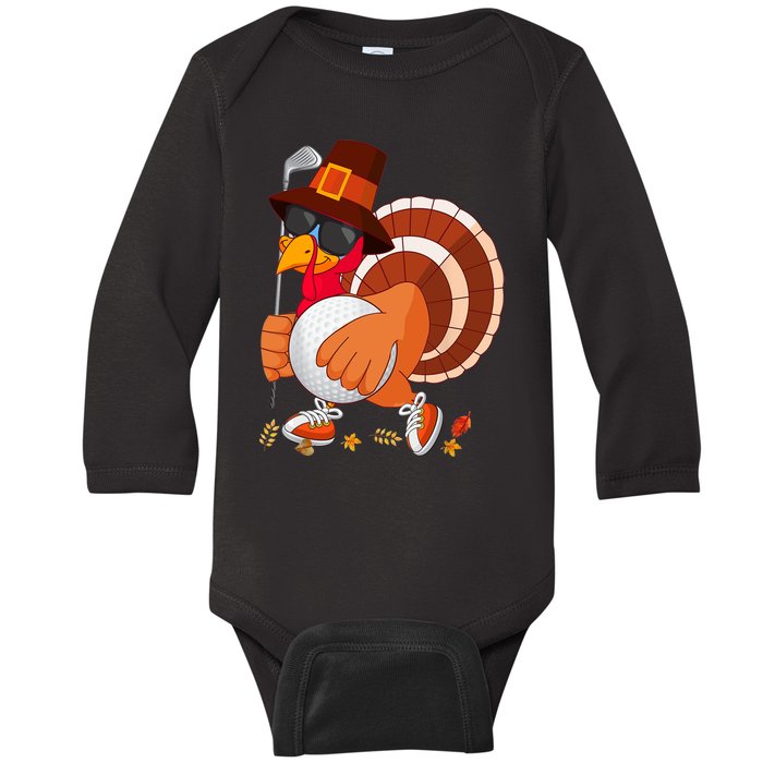 Turkey Playing Golf Thanksgiving Turkey Golf Baby Long Sleeve Bodysuit