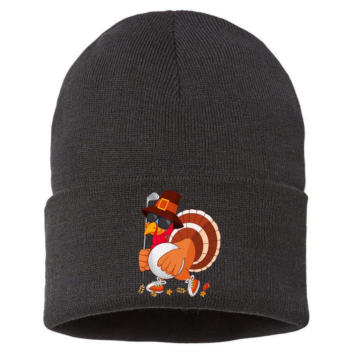 Turkey Playing Golf Thanksgiving Turkey Golf Sustainable Knit Beanie