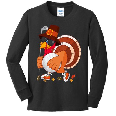 Turkey Playing Golf Thanksgiving Turkey Golf Kids Long Sleeve Shirt