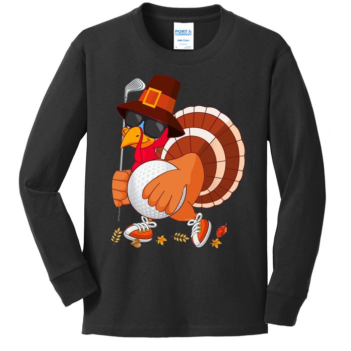 Turkey Playing Golf Thanksgiving Turkey Golf Kids Long Sleeve Shirt