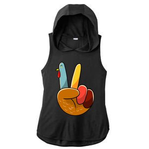 Turkey Peace Hand Sign Thanksgiving Thankful Ladies PosiCharge Tri-Blend Wicking Draft Hoodie Tank