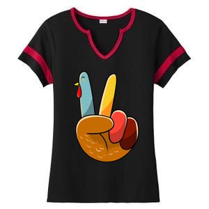 Turkey Peace Hand Sign Thanksgiving Thankful Ladies Halftime Notch Neck Tee