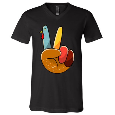 Turkey Peace Hand Sign Thanksgiving Thankful V-Neck T-Shirt