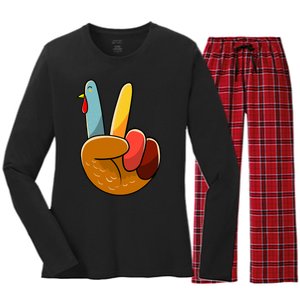 Turkey Peace Hand Sign Thanksgiving Thankful Women's Long Sleeve Flannel Pajama Set 