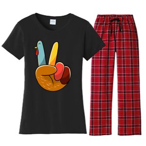 Turkey Peace Hand Sign Thanksgiving Thankful Women's Flannel Pajama Set