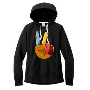 Turkey Peace Hand Sign Thanksgiving Thankful Women's Fleece Hoodie