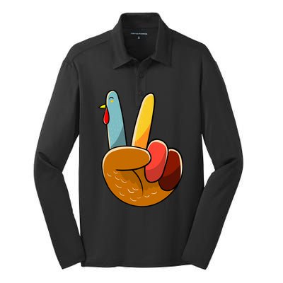 Turkey Peace Hand Sign Thanksgiving Thankful Silk Touch Performance Long Sleeve Polo