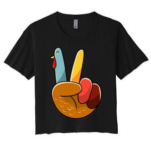 Turkey Peace Hand Sign Thanksgiving Thankful Women's Crop Top Tee